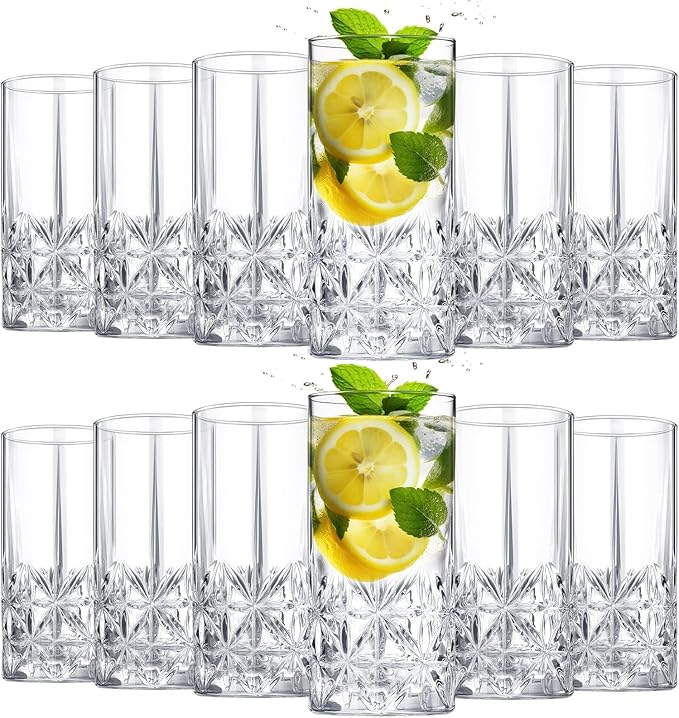 Uiifan Set of 12 Tall Highball Glasses 12 oz Crystal Drinking Glasses Clear Fancy Cups Vintage