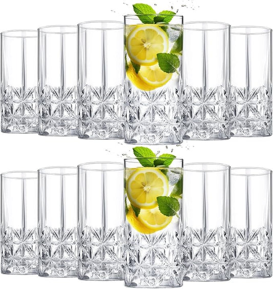 Uiifan Set of 12 Tall Highball Glasses 12 oz Crystal Drinking Glasses Clear Fancy Cups Vintage