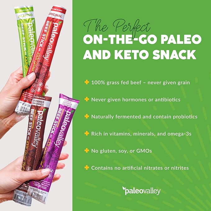 Paleovalley 100% Grass Fed Beef Sticks - Delicious Gluten Free Beef Snack - High Protein Keto