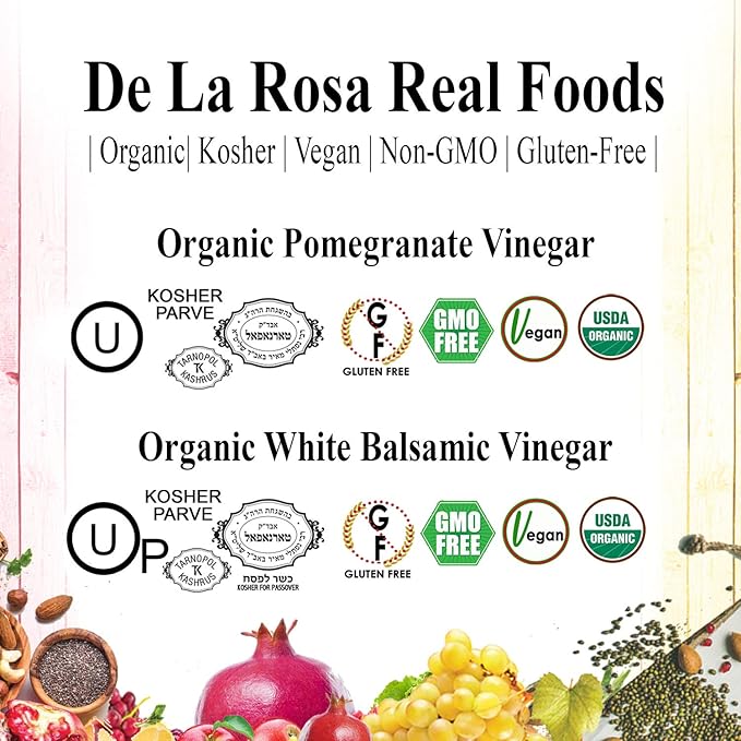 De La Rosa Organic Pomegranate and White Balsamic Vinegar, Vegan, Kosher, Non-GMO & Gluten Free