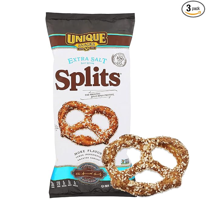 Unique Snacks Extra Salt Splits Pretzels, Original Split-Open Pretzels, Delicious Homestyle Baked