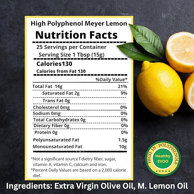 M.G. PAPPAS High Polyphenol Rich Meyer Lemon Olive Oil - Extra Virgin Olive Oil Polyphenol over