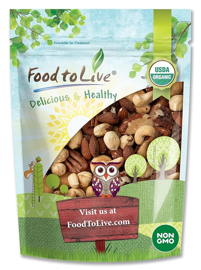 Food to Live Organic Deluxe Nuts Mix, 8 Ounces A Blend of Dry Roasted Pecans, Cashews, Filberts