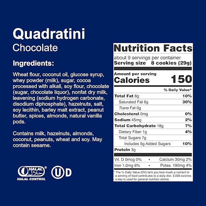 Loacker Quadratini Chocolate Wafer Cookies LARGE - 30% Less Sugar - Premium Crispy Bite Size Wafers