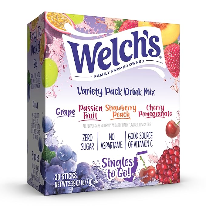 Welch's Singles To Go Variety Pack, Watertok Powdered Drink Mix, Includes 4 Flavors, Grape, Passion