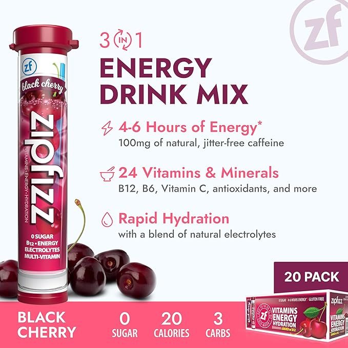 Zipfizz Daily Energy Drink Powder, Black Cherry, 20 Pack | 3-in-1 Sustained Energy, Rapid