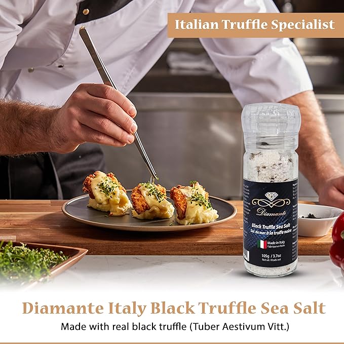 Diamante Italy Black Truffle Sea Salt with Glass Grinder - Gourmet Truffle Salt Seasoning