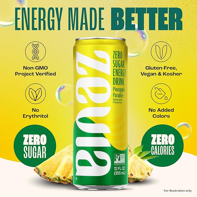 Zevia Zero Sugar Energy Drink, Pineapple Paradise, 12 oz Cans (12-Pack) – Naturally Sweetened