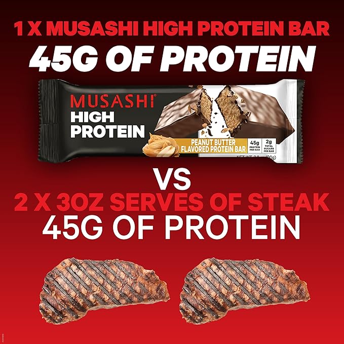 MUSASHI High Protein Bar, 45g Protein, 2g Total Sugars, Peanut Butter & Milk Chocolate Coated, Post
