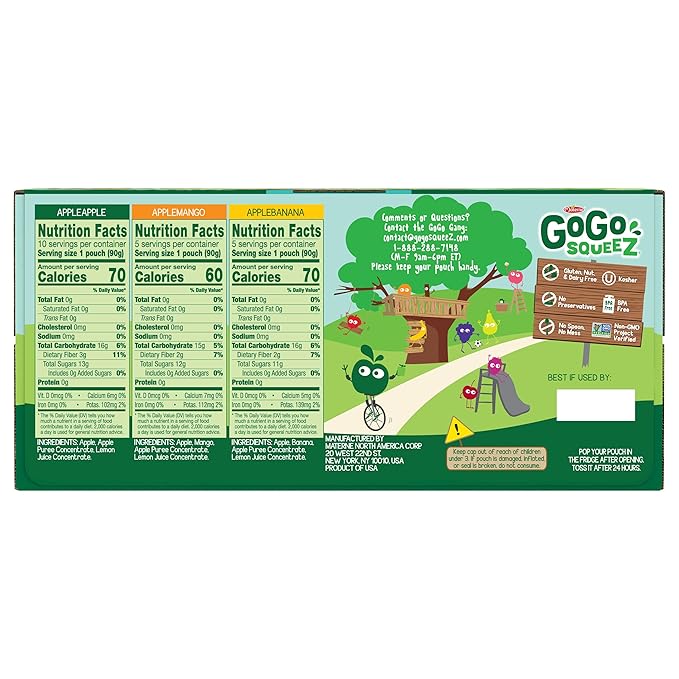 GoGo squeeZ Applesauce and Fruit Puree Variety Pack, Apple, Mango & Banana, 3.2 oz (Pack of 20)
