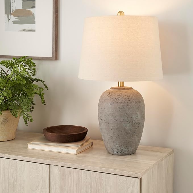 Nourison Home 23" Greyish Brown Earth Tone Rustic Farmhouse Ceramic Table Lamp for Bedroom, Living
