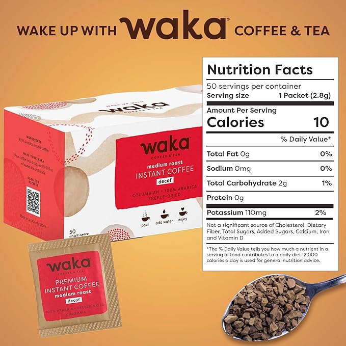 Waka Decaf Premium Instant Coffee — 100% Colombian Arabica Freeze Dried Beans — For Hot or Iced