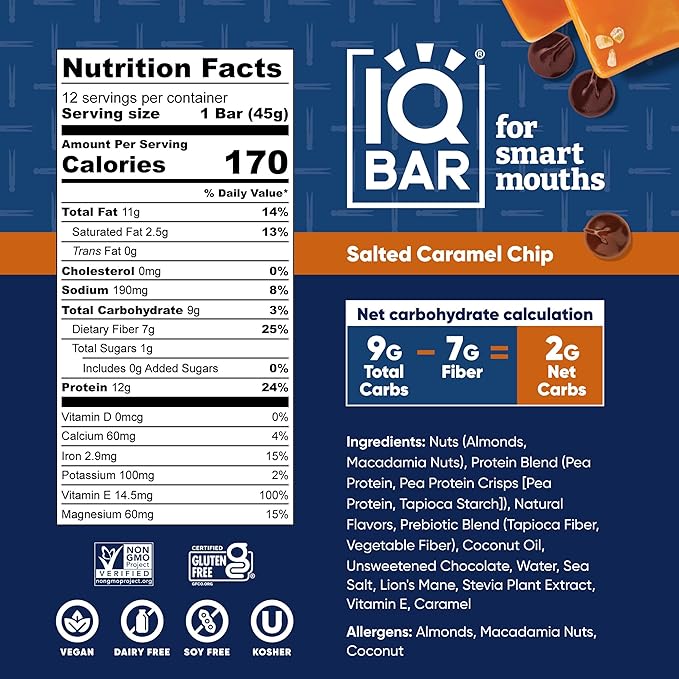 IQBAR x Chef Thomas Keller - Brain and Body Plant Protein Bars - Salted Caramel Chip - 12-Count