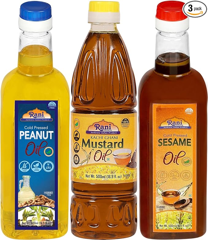 Rani Premium Oils Combo Set of 3 - Peanut Oil, Mustard Oil, Sesame Oil 16.9 Ounce (500ml) ~ Cold