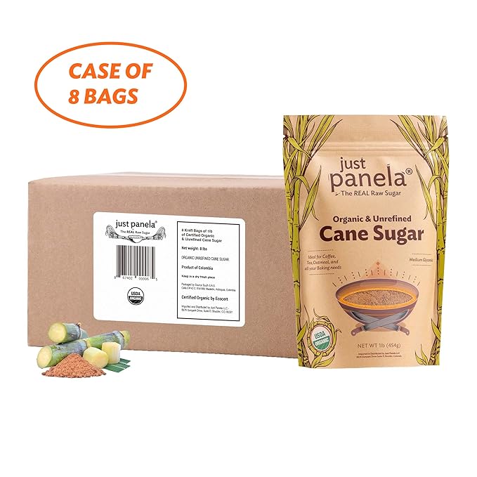 Just Panela Organic Unrefined Cane Sugar 1 Pound Pack of 8 | 100% Unprocessed, Raw Sugar | Great