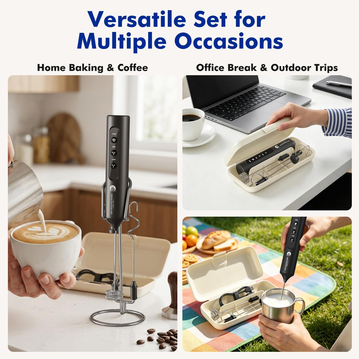 Rechargeable Milk Frother with Stand, 4 Interchangeable Whisks & Travel Case – Handheld Mixer for