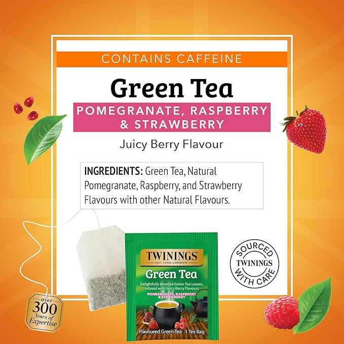Twinings Green Tea with Pomegranate, Raspberry, & Strawberry Individually Wrapped Bags, 20 Count