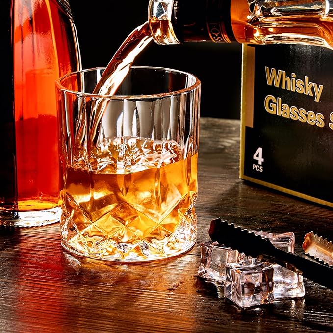 Whiskey Glasses Set of 4,Rock Glasses,11 oz Lead-Free Crystal Bourbon Glass,Old Fashioned Glass for