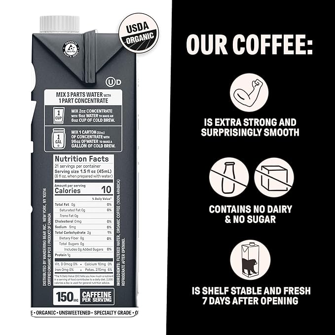 Wandering Bear Organic Unsweetened Extra Strong Cold Brew in a Box Coffee, Shelf-Stable, 21