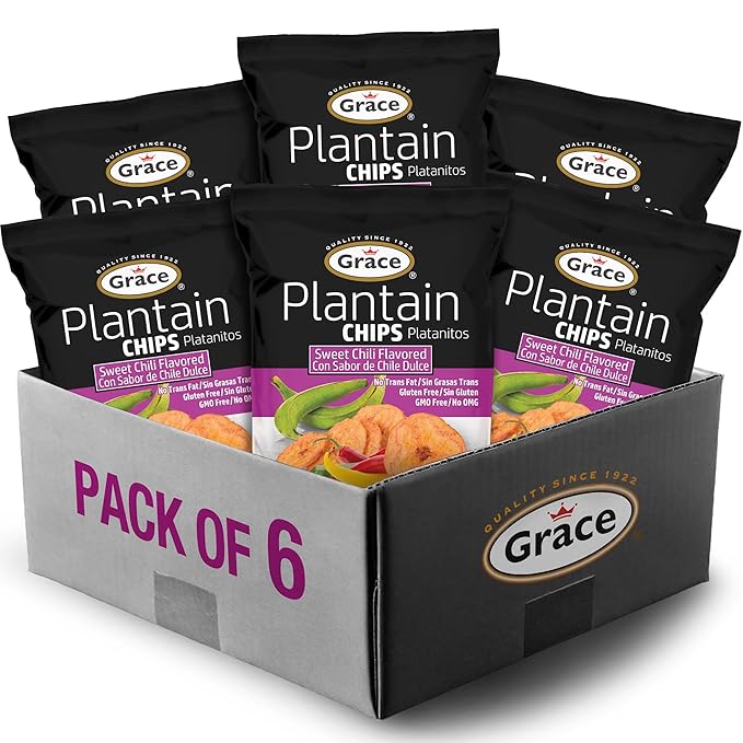 Grace Sweet Chili Plantain Chips 2.5oz - 6 Pack Individual Bags - Jamaican Snacks Platanitos Gluten