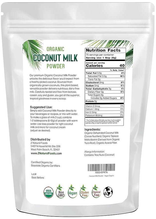 Z Natural Foods Organic Coconut Milk Powder - All-Natural Vegan Dairy-Free Alternative with MCTs