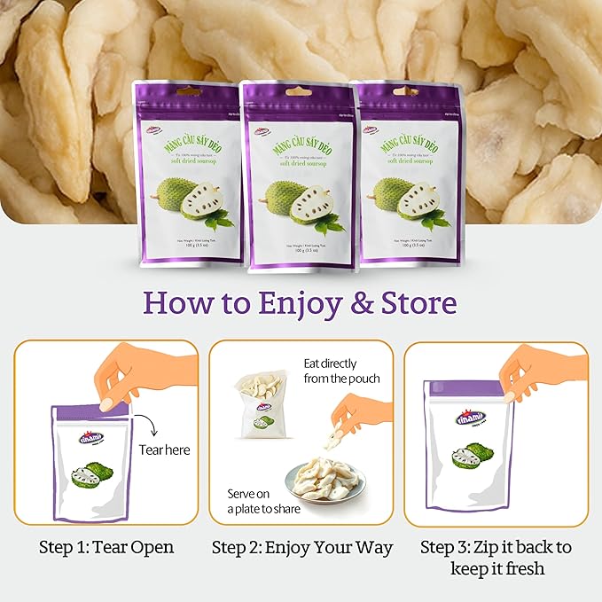 Vinamit Soft Dried Soursop | Soursop Fruit 3.5 oz bag | Natural Tropical Fruit Snack | Vegan