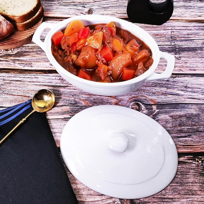 9" x 6.5" Oval Casserole Dish with Lids,1.9 Quart French White Ceramic Serving Soup Tureens, Baking