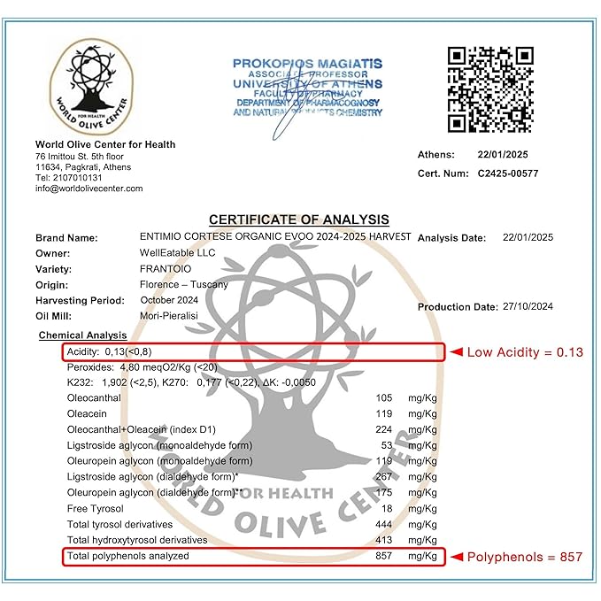 Entimio Cortese +700 mg/kg Polyphenol Rich Organic Extra Virgin Olive Oil, New 2024-2025 Early