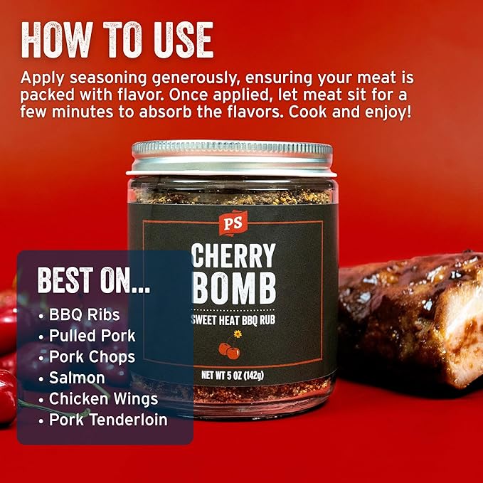 PS Seasoning Cherry Bomb Dry Rub - Sweet Heat BBQ Seasonings and Rubs for Smoking, Grilling, Baking