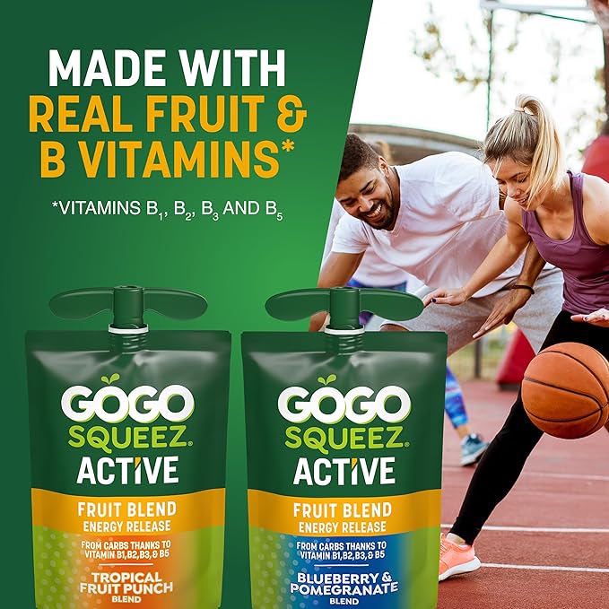 GoGo squeeZ Active Fruit Blend Energy Release | 18-Count Variety Pack | Tropical Fruit Punch and