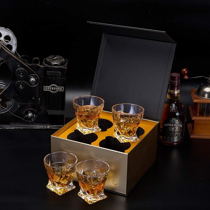 KANARS Whiskey Glasses Set of 4, 10 Oz Crystal Old Fashioned Cocktail Glass in Gift Box, Twisted