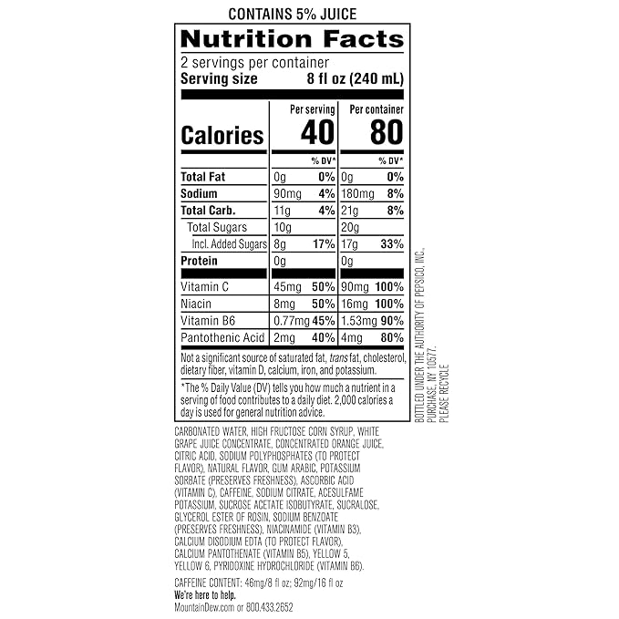 Mountain Dew Kickstart, Orange Citrus, 92mg Caffeine, Vitamins B & C, 80 Calories, 5% Juice, 16 Fl
