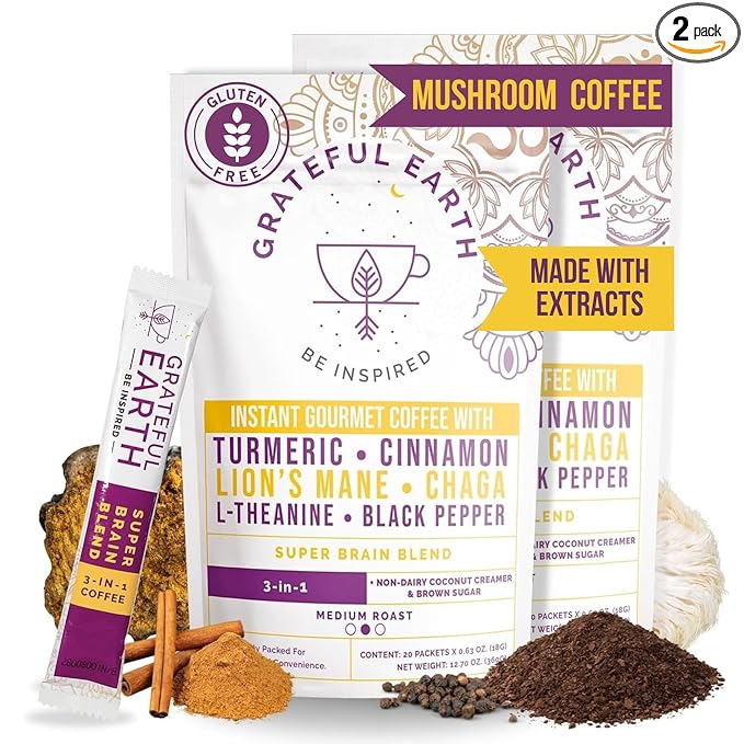 Grateful Earth Mushroom Coffee, Coconut Instant Coffee with Cinnamon, Turmeric, Lion’s Mane