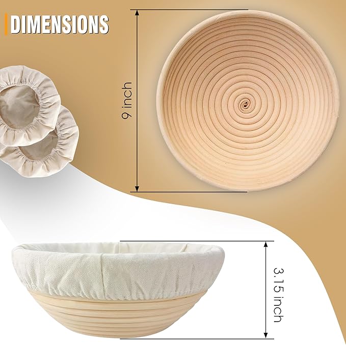 Banneton Bread Proofing Basket Set of 2, 9 Inch Round Sourdough Basket with Liners, Handmade Rattan