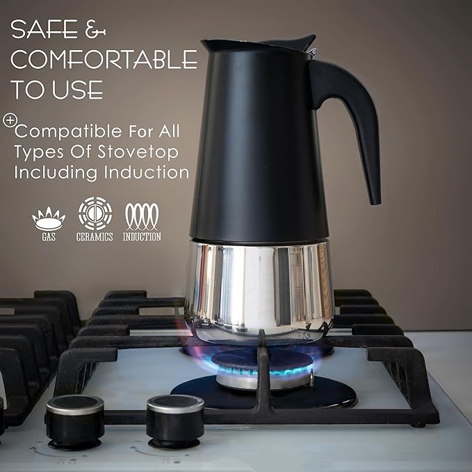 Mixpresso Black 6 Cup Greca Stovetop Espresso Pot 300ml/10oz, Moka Pot with Coffee Percolator