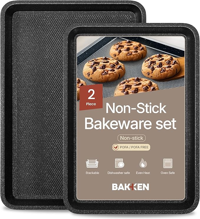 Diamond Bottom Cookie Sheet Set of 2, Nonstick Gray Marble Carbon Steel Baking Pans for Crisp