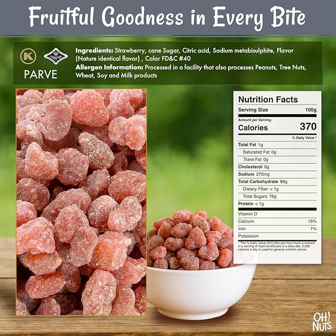 Oh! Nuts Dried Strawberries - 1 LB - Sweetened Dried Fruit - Dehydrated Fruit Bites - Packed in New
