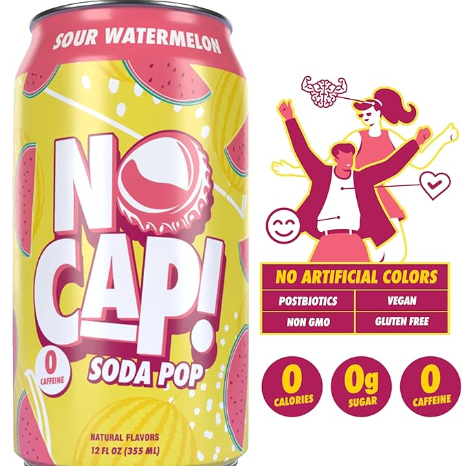 No Cap! Sour Watermelon, Postbiotic Soda, Healthy Soda Alternative, Zero Sugar, Zero Calorie