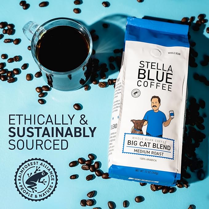 Stella Blue Whole Bean Coffee, Big Cat Blend, Medium Roast, Caramel, Hazelnut and Fruity Notes