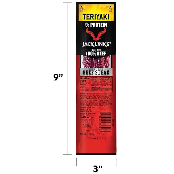 Jack Link's Beef Steak, Teriyaki - Protein Snacks, Meat Snack with 9g of Protein, Made with 100%