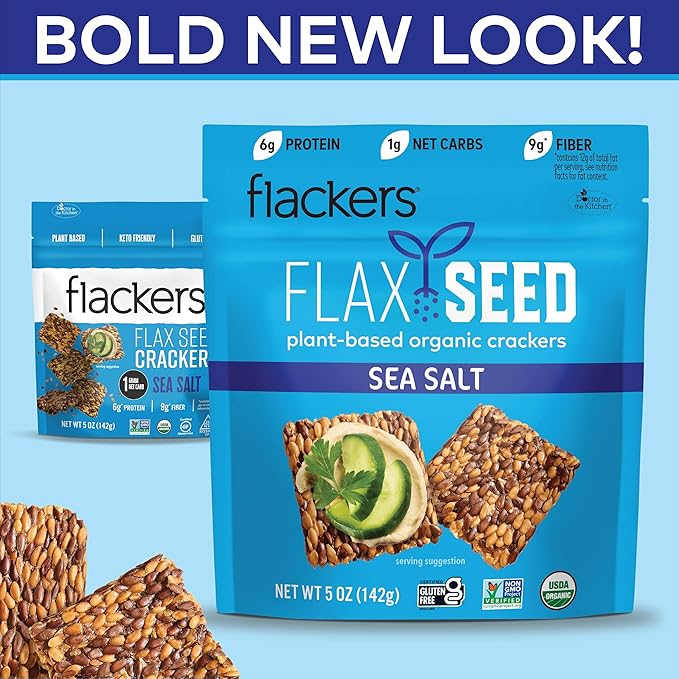 Flackers Organic Sea Salt Flaxseed Crackers, 5 Ounce 12-Pack, Gluten Free, Non GMO, Vegan, Keto
