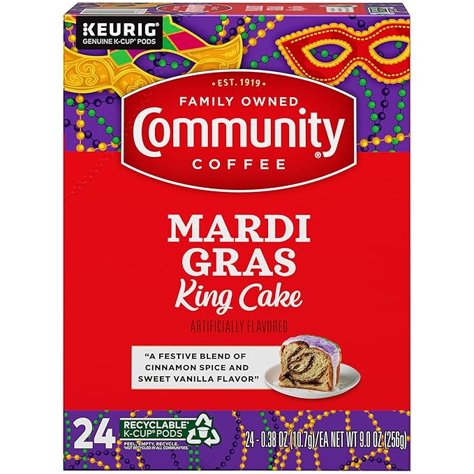 Community Coffee Mardi Gras King Cake Flavored 24 Count Coffee Pods, Medium Roast, Compatible with
