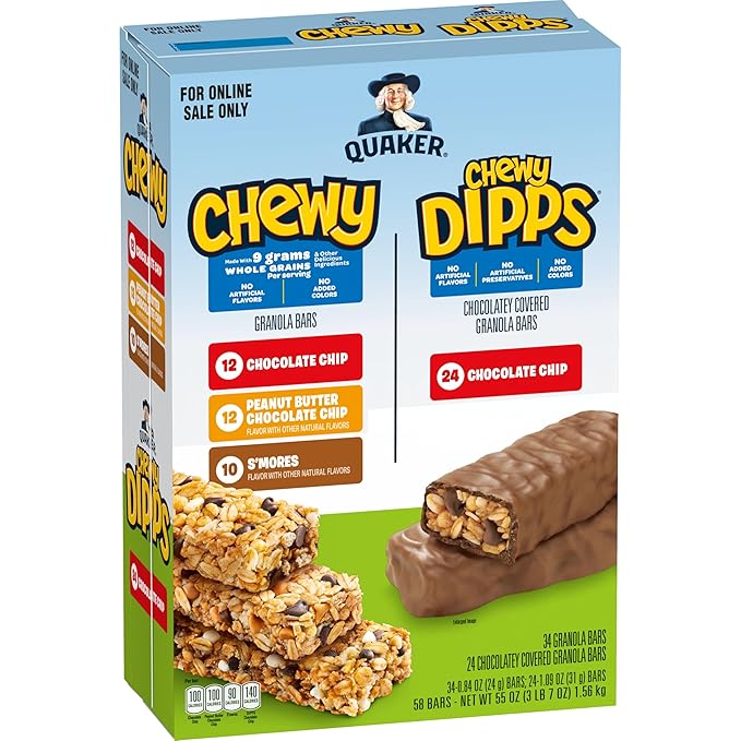 Quaker Chewy Granola Bars, Chewy & Dipps Variety Pack, (58 Bars), Whole Grains, No Artificial