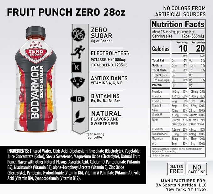 BODYARMOR ZERO Sugar Fruit Punch, Sugar Free Sports Drink - Low-Calorie Hydration - Natural Flavors
