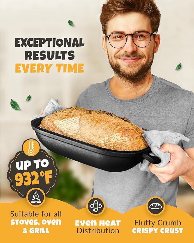 Cast Iron Bread-Pan with Lid - incl. Sourdough Bread Baking Supplies - like Banneton Bread-Proofing
