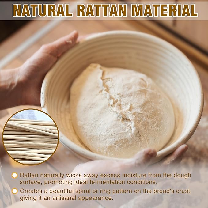 Banneton Bread Proofing Basket Set of 2, 9 Inch Round Sourdough Basket with Liners, Handmade Rattan