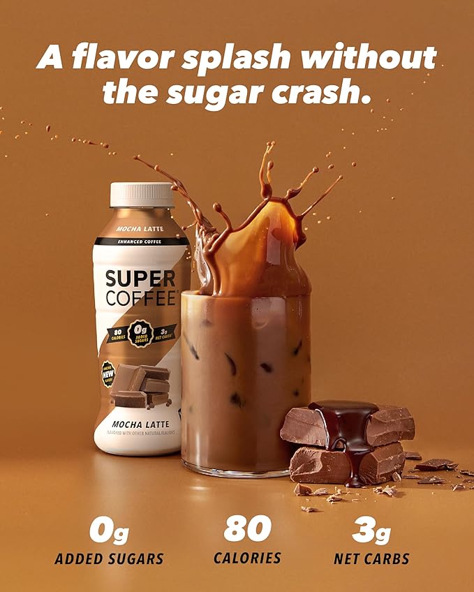 Super Coffee, Ready To Drink Iced Coffee, Vanilla Latte (12 Ounce Bottles, Pack of 12) - Low Net