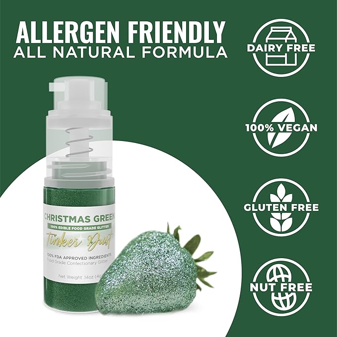 Bakell - Christmas Green Tinker Dust (4g, 1x Mini Spray Pump) Edible Glitter for Food, Desserts
