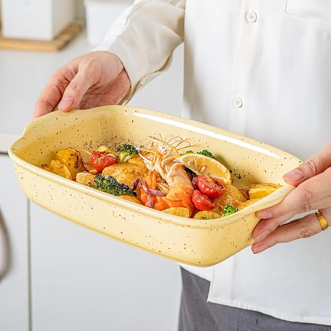 Casserole Dish Set of 3,Ceramic Bakeware for Oven,Rectangular Baking Dishes with Handles,High Heat