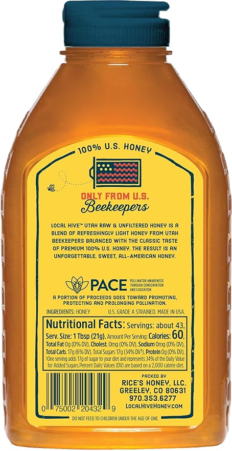 Local Hive Utah Raw Unfiltered Honey – 32oz, 100% Pure US Honey, Sourced from American Bees and